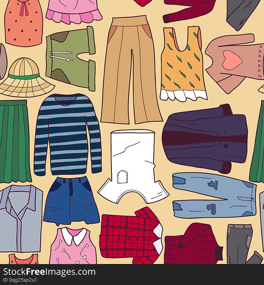 Seamless pattern stylish set of woman`s clothes. Casual autumn or spring women`s clothing. Doodle illustration for web banners