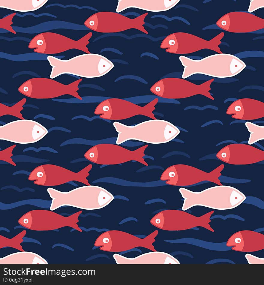 Cute shoal of fish swimming in sea water. Cartoon marine animal seamless vector background. Hand drawn ocean life tile. All over print kids textiles. Animal fishing stationery, nautical home decor