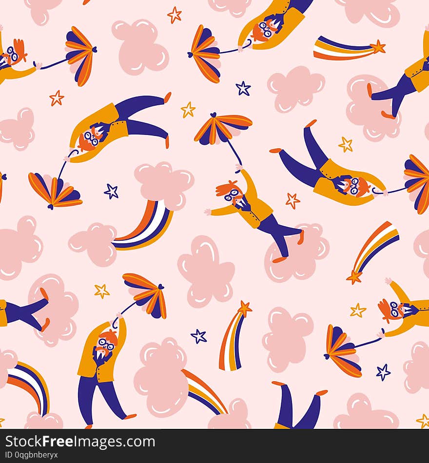 Dreamers in the pink clouds. Vector hand-drawn seamless pattern. Hippie design for fabric or wrap paper