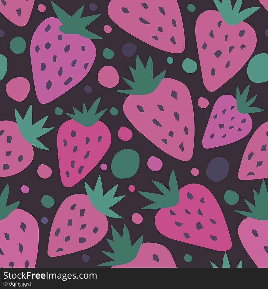 Pink strawberry seamless pattern on a black background. Summer fruit hand drawn strawberries wallpaper. Template for kitchen design, package, home textile. Vector illustration. Pink strawberry seamless pattern on a black background. Summer fruit hand drawn strawberries wallpaper. Template for kitchen design, package, home textile. Vector illustration