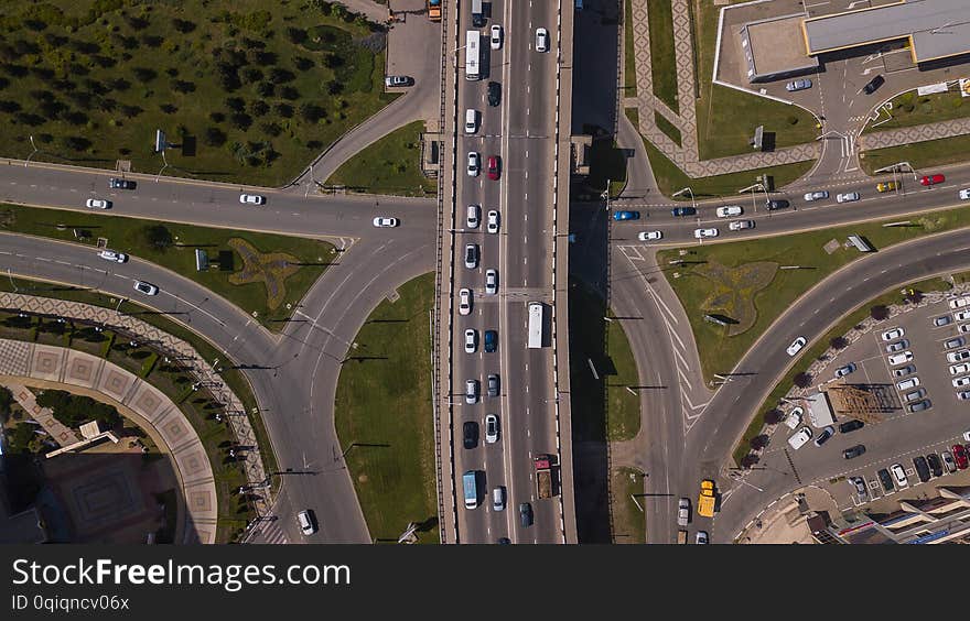 Drone`s Eye View from above of urban traffic jam on bridge