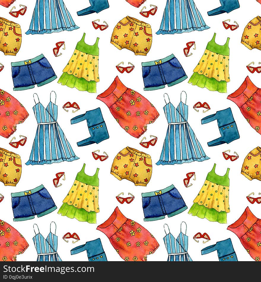 Hand drawn summer watercolor seamless pattern with dress, shorts, sun glasses, swimming suit