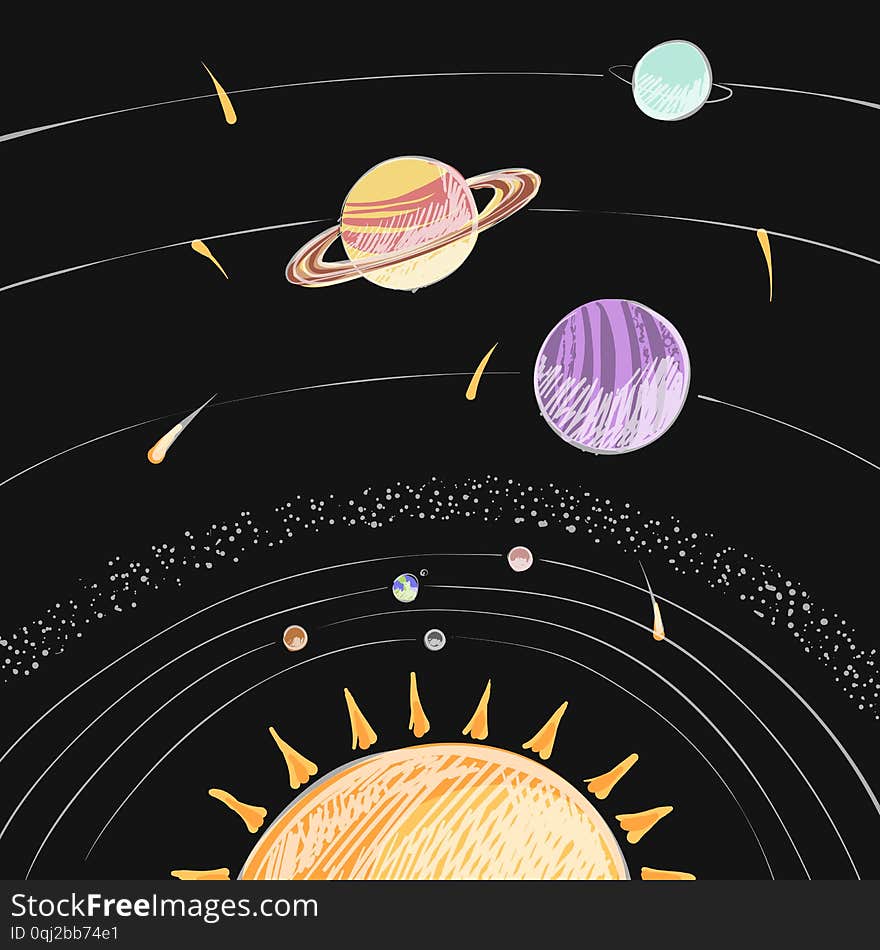 Space vector illustration of solar system  on black background