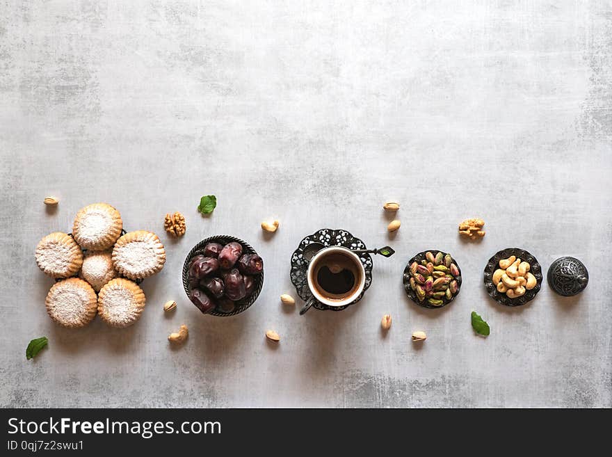 Ramadan sweets background. Cookies of El Fitr Islamic Feast. Arabic cookies Maamoul.