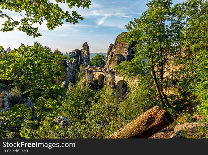 view on the bastion bridge at sunrise in saxon switzerland, germany. view on the bastion bridge at sunrise in saxon switzerland, germany