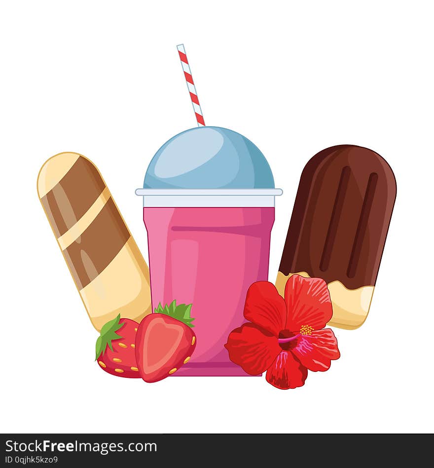 Milkshake cup and ice creams with strawberries and flower vector illustration graphic design. Milkshake cup and ice creams with strawberries and flower vector illustration graphic design