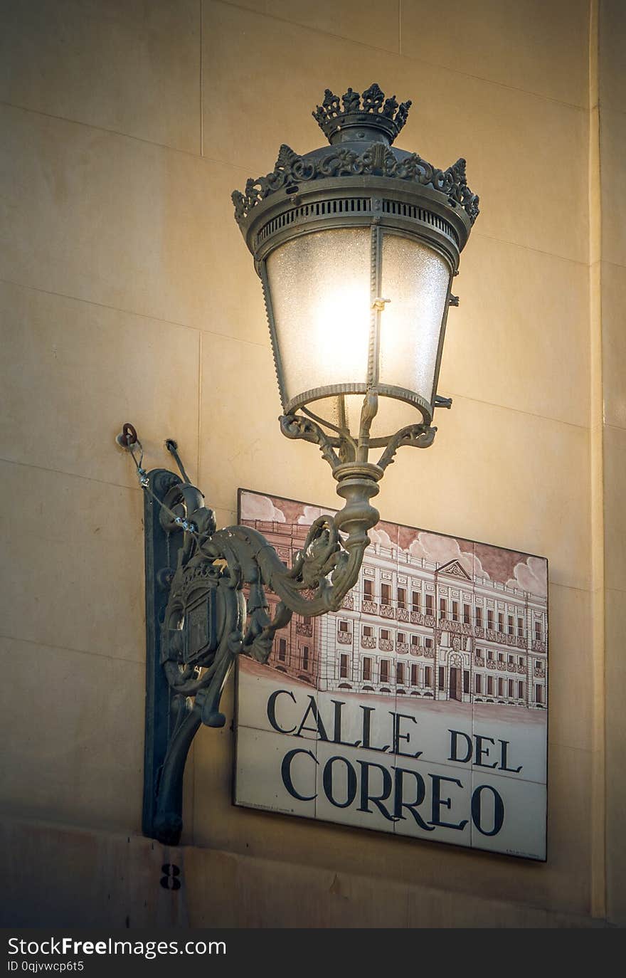 Old iron street lamps in the streets of Madrid, Spain