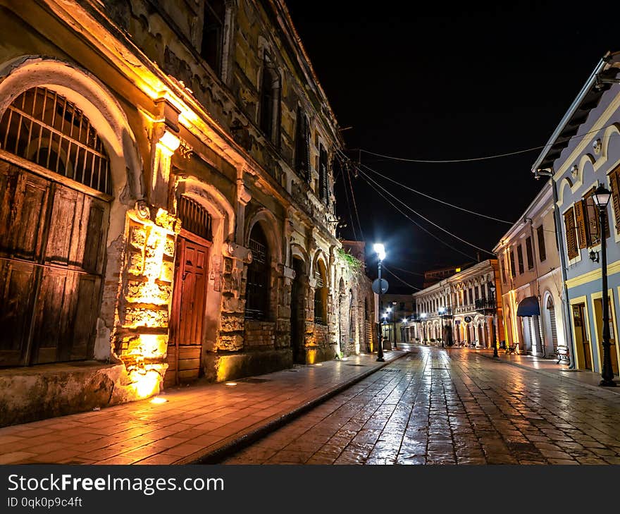 Stylish historical streets in old town at night in Shkoder, Albania without people. Stylish historical streets in old town at night in Shkoder, Albania without people