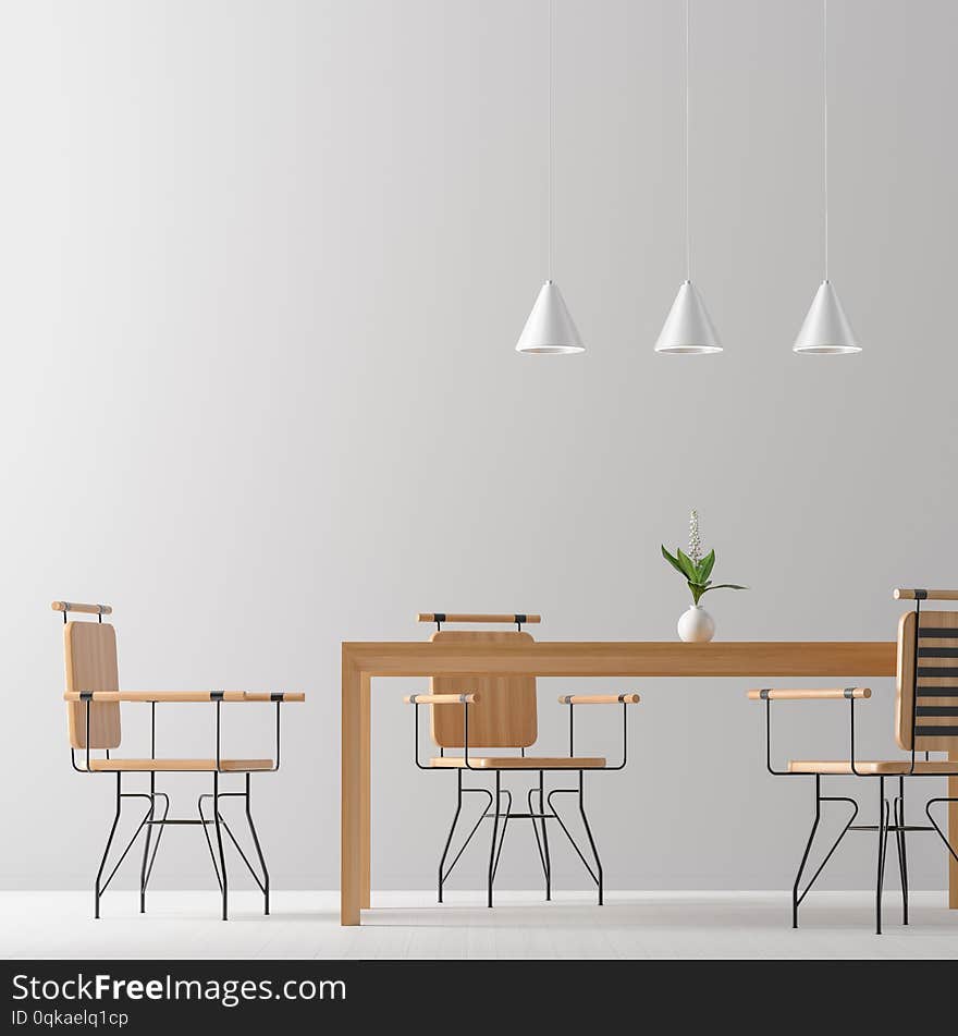 Spacious modern dining room with wooden chairs and table.  Minimalist dining room design. 3D illustration