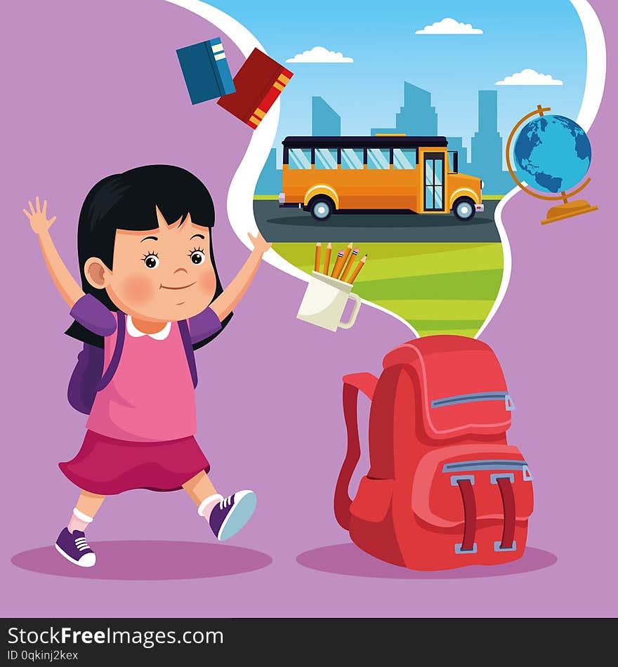 Student girl with backpack and school and classroom cartoons on colorful background, back to school concept. vector illustration graphic design. Student girl with backpack and school and classroom cartoons on colorful background, back to school concept. vector illustration graphic design