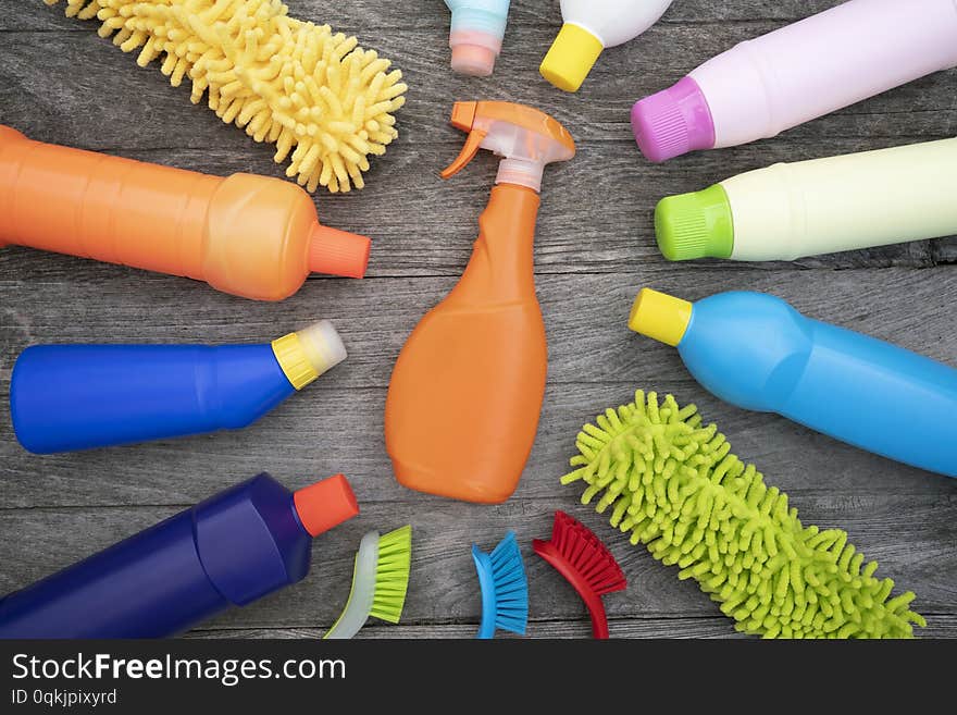 House cleaning product on wood table, top view