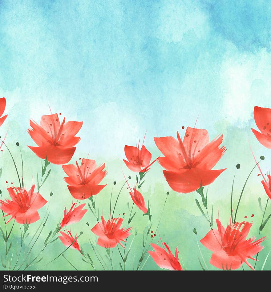 Watercolor painting. A bouquet of flowers of Blue,red poppies, wildflowers on a white isolated background. watercolor floral illustration, logo. Abstract green, blue,Violet splash of watercolor paint