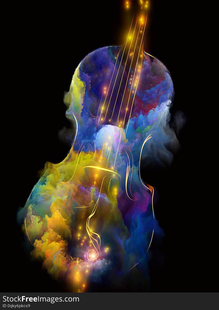 Violin lines and colorful nebula paint illustration on the subject of music, song and performance arts. Violin Dreams series. Violin lines and colorful nebula paint illustration on the subject of music, song and performance arts. Violin Dreams series