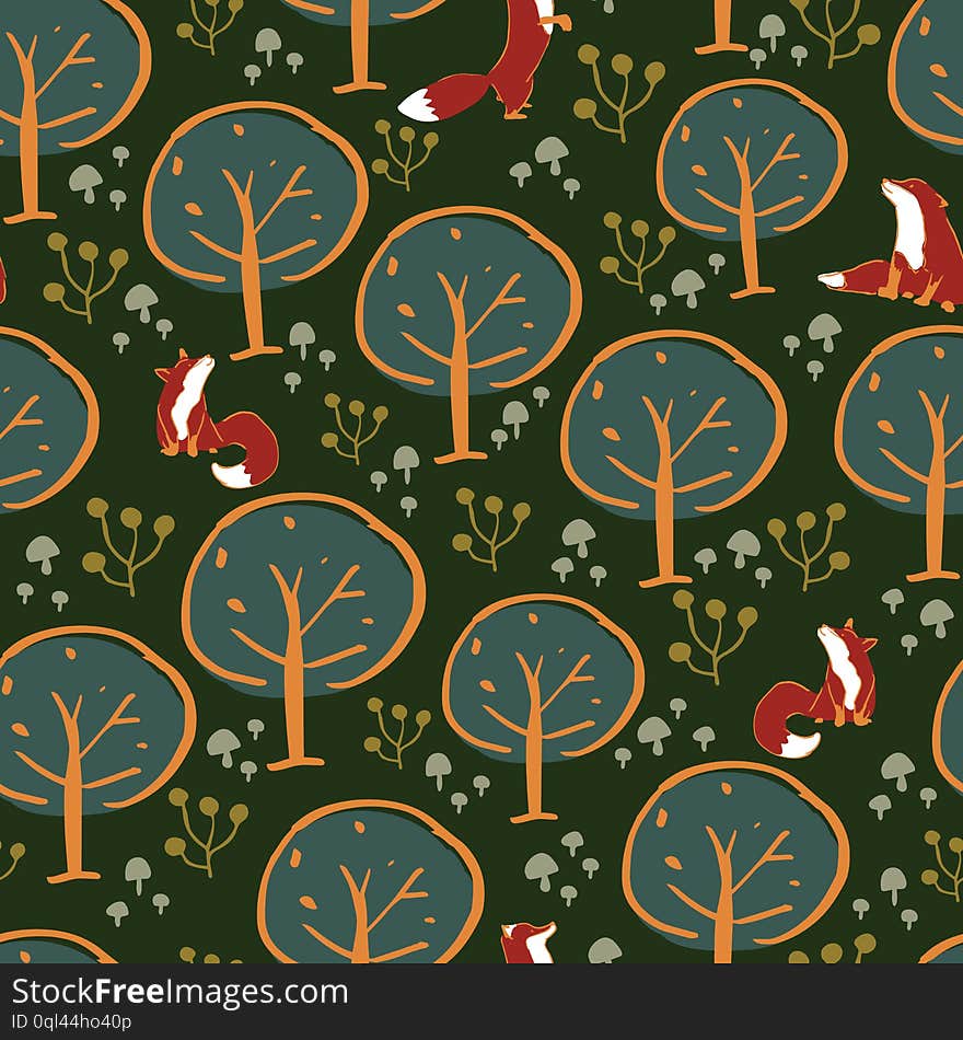 Fox forest seamless pattern design. Perfect for textile design for kids.