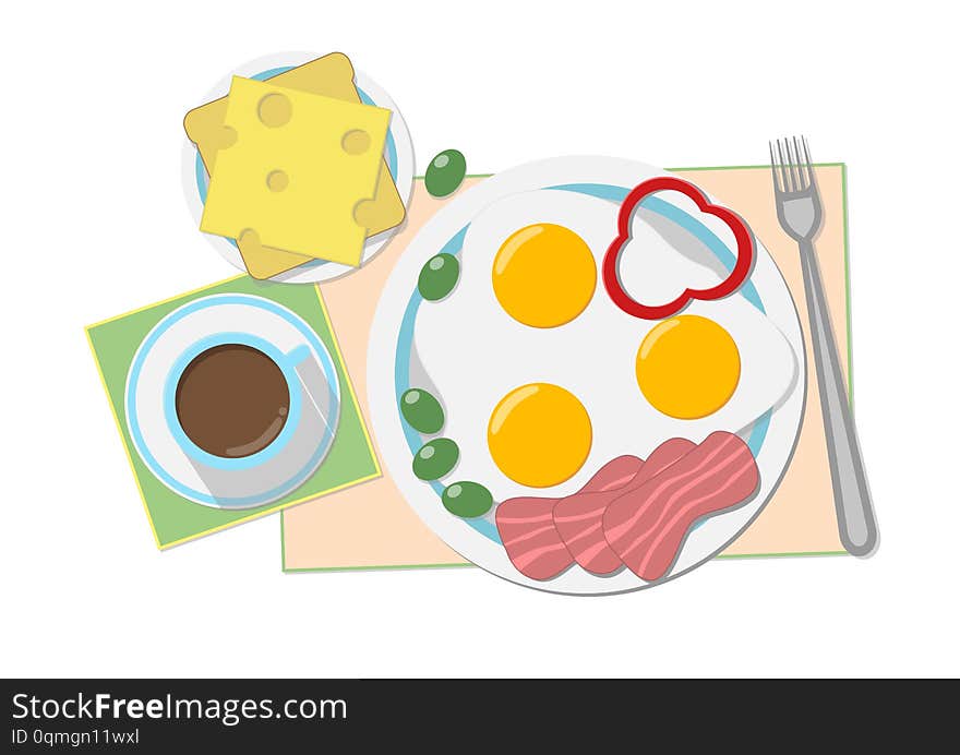 Illustration a  a tasty breakfast in gentle tones coffee, fried eggs, sandwich on plates and napkins on a white background