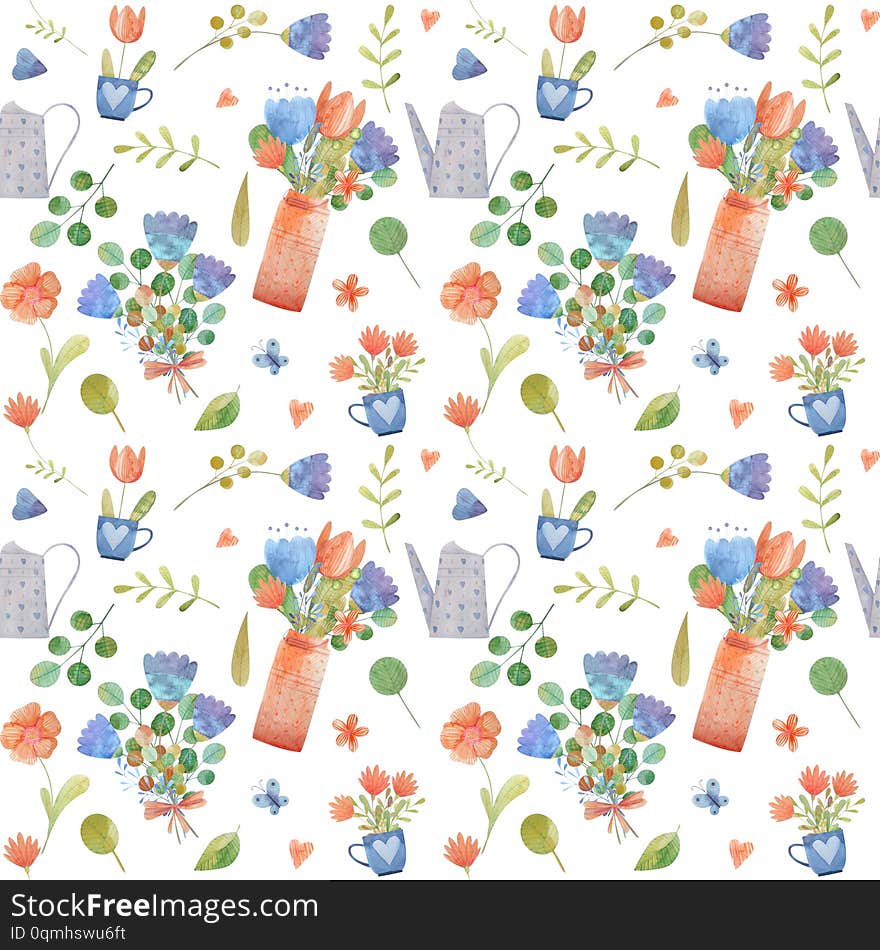 Seamless Pattern With Cute Watercolor Illustration Of Stylized Flowers.