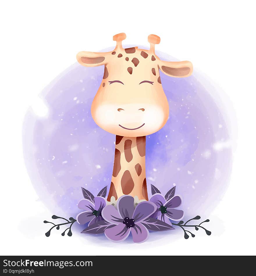 Cute Giraffe Portrait Smile with Floral