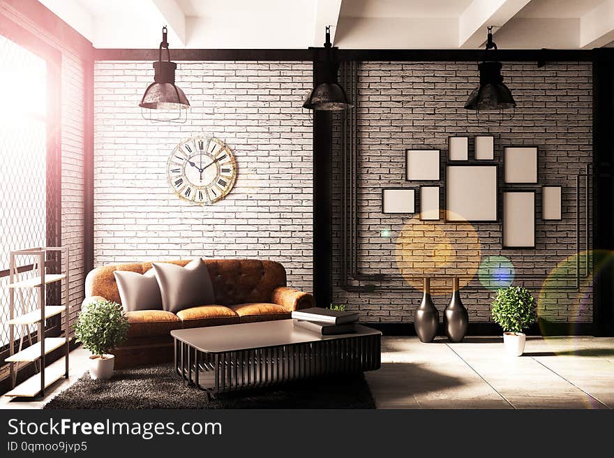 Mock up Modern Loft living room interior with sofa and green plants,lamp,table on brick wall background. 3d rendering. - Illustration