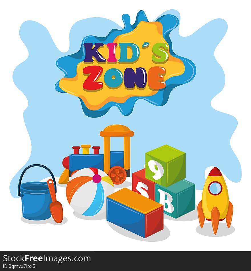 Kids zone children entertaiment with toys, train, sand bucket,ball and rocket below a sign icon cartoon vector illustration graphic design. Kids zone children entertaiment with toys, train, sand bucket,ball and rocket below a sign icon cartoon vector illustration graphic design