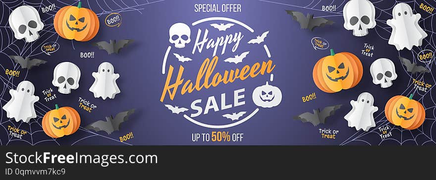 Happy Halloween sale  banner. Paper cut style. Vector illusration. Can be used for template, banners, wallpaper, flyers, invitation, posters, brochure, voucher discount. Vector illustration