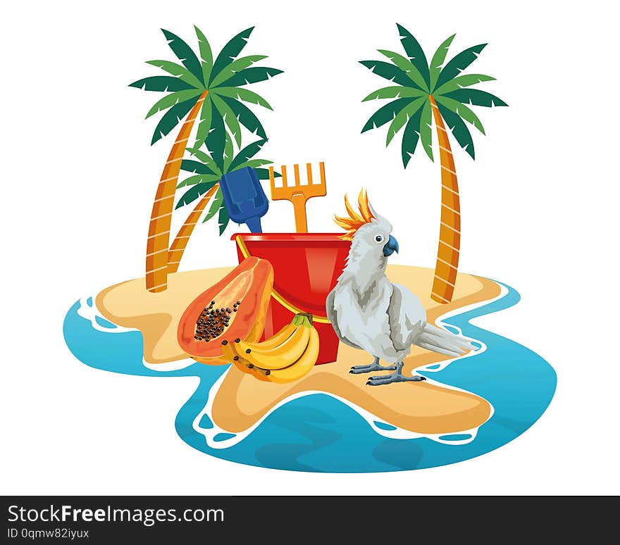 Summer beach and vacation with sand bucket with slove and rake toys, cockatoo and tropical fruit icon cartoon over the sand with palms vector illustration graphic design. Summer beach and vacation with sand bucket with slove and rake toys, cockatoo and tropical fruit icon cartoon over the sand with palms vector illustration graphic design