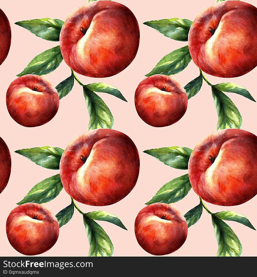 Peach macro fruit with leaves. Tropical nectarine wallpaper, juicy organic food pattern. Vitamin textile cover. Surface background