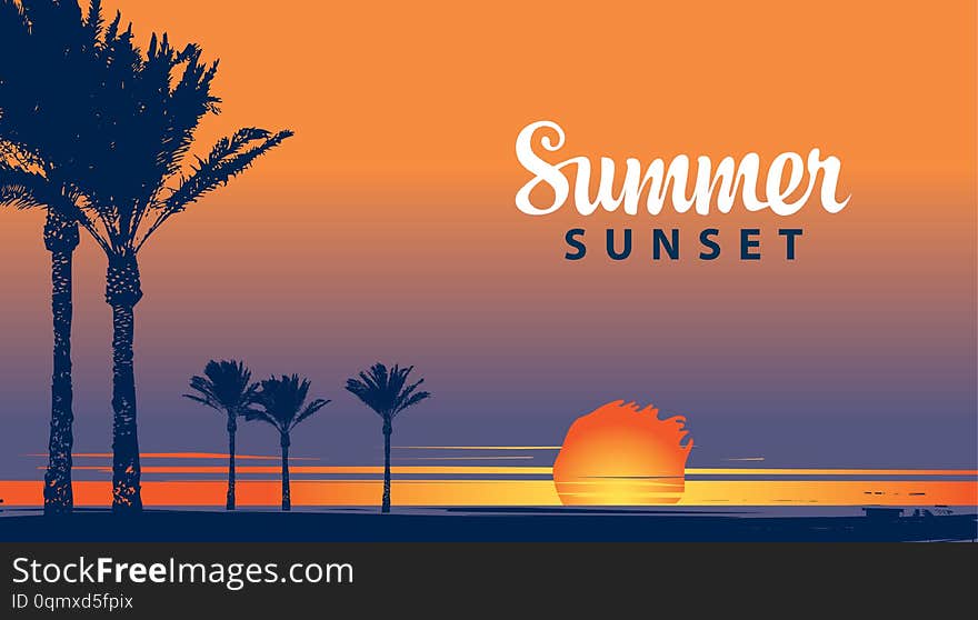 Summer tropical banner with palms at sunset