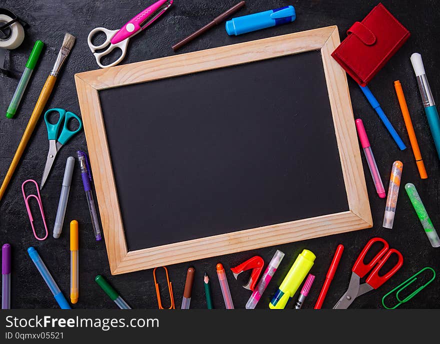 School office supplies on a desk with copy space. Back to school concept