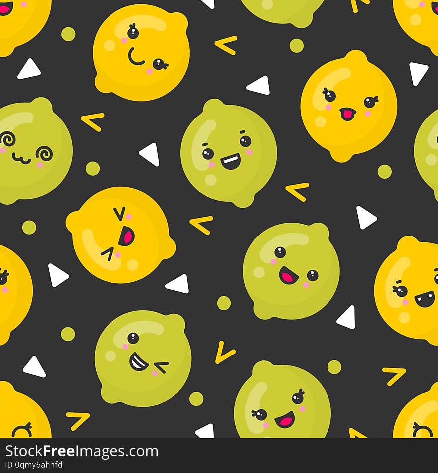 Cute smiling lemon and lime fruits, vector seamless pattern on dark background. Best for textile, backdrop, wrapping paper