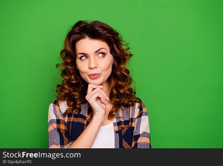 Close up photo of charming intelligent inspired lady youth choose decide solve have options touch chin hands thoughts look pretty cute wear plaid clothing, isolated on bright background