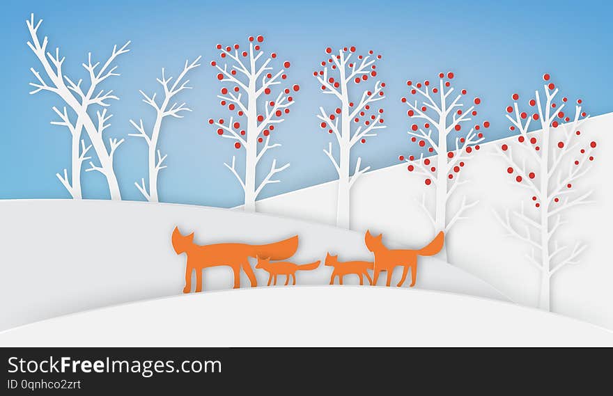 Fox Family Are Walking With Snow And Tree