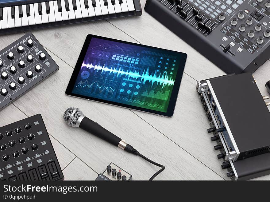 Music instruments and tablet with recording sound conceptn. Music instruments and tablet with recording sound conceptn