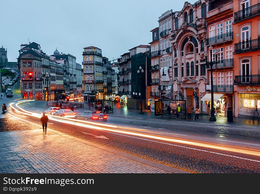 Night city view of Porto with blurred traffic lights taken with slow speed shutter. Night city view of Porto with blurred traffic lights taken with slow speed shutter