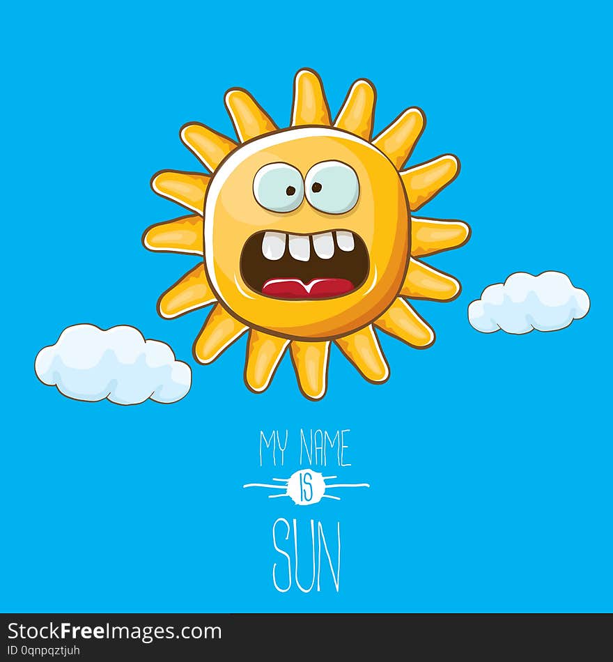 Vector cartoon style summer sun character on blue sky background. My name is sun concept illustration. funky kids summer character with eyes and mouth. Vector cartoon style summer sun character on blue sky background. My name is sun concept illustration. funky kids summer character with eyes and mouth