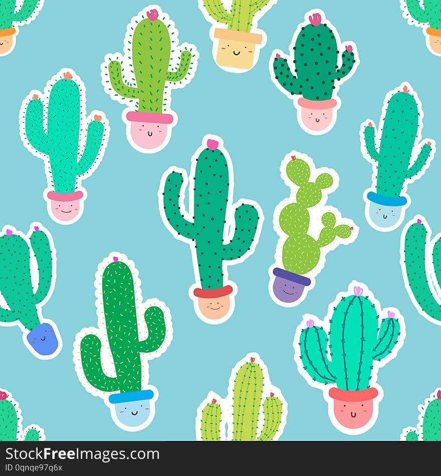 Cute Seamless Cactus Pattern Background.