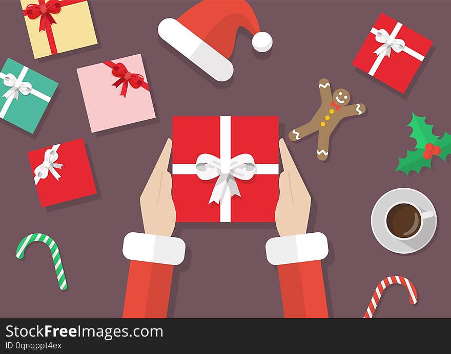 Santa hands holding gift box with christmas elements. Vector illustration