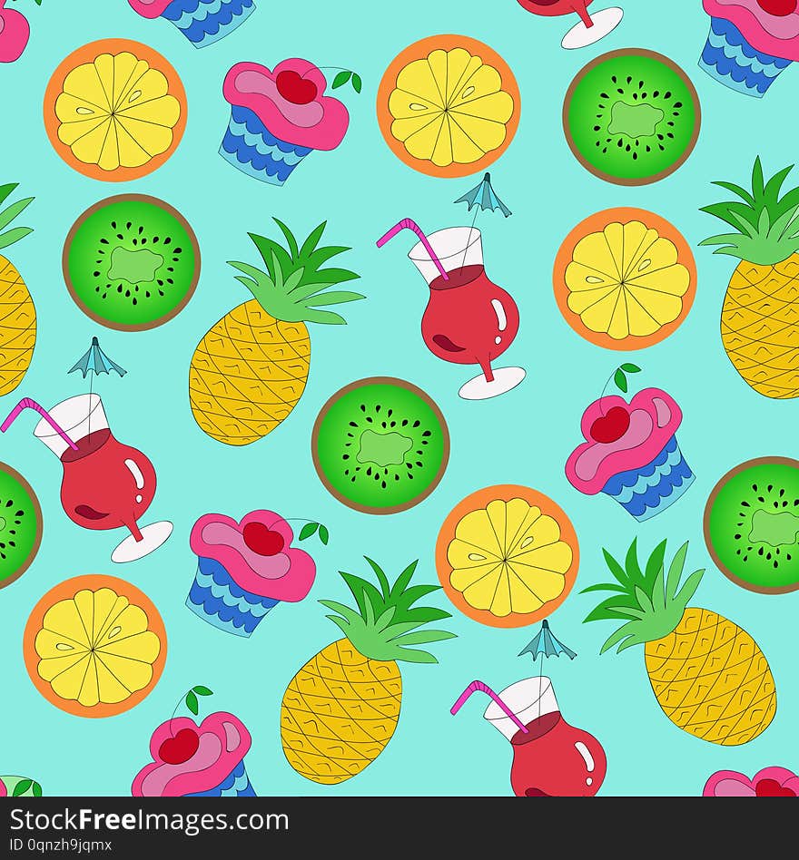 Colorful summer seamless pattern with  fruits, cocktails ,cakes. Vector illustration. Bright template for print. Colorful summer seamless pattern with  fruits, cocktails ,cakes. Vector illustration. Bright template for print.