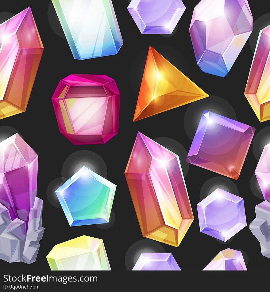 Crystal background seamless pattern vector illustration. 3d abstract shape with shiny and glossy jewellery stone for advertisement, fabric, textile wrapping paper. Gradient colors. Elegant design.