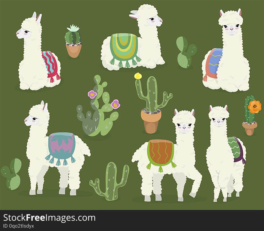 A collection of cute alpacas and cacti. Vector image
