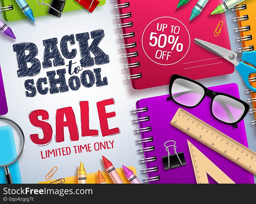 Back to school sale vector banner. Back to school and discount text in white space with colorful school supplies for educational promotion. Vector illustration.