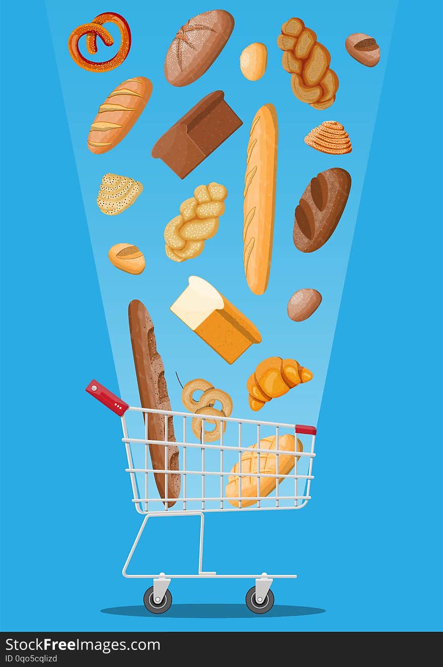 Bread icons and shopping cart. Whole grain, wheat and rye bread, toast, pretzel, ciabatta, croissant, bagel, french baguette, cinnamon bun. Vector illustration in flat style