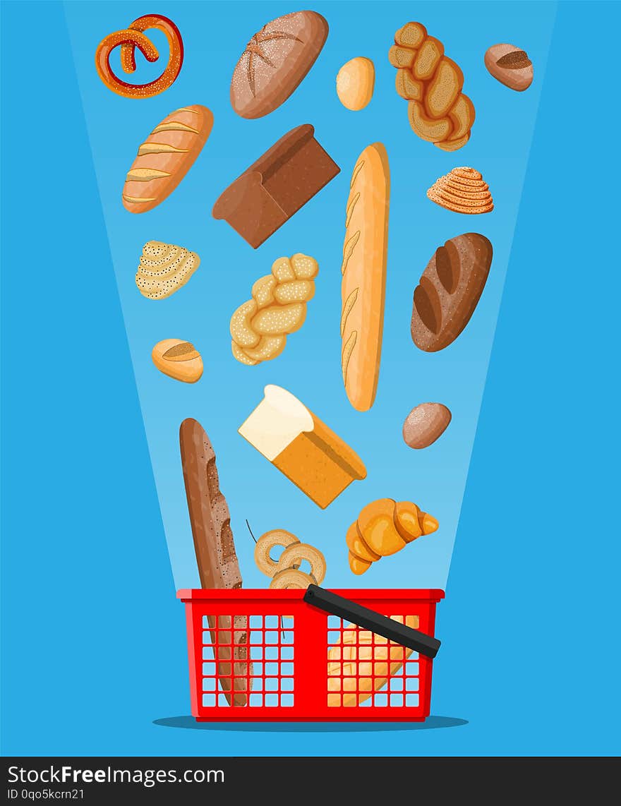 Bread icons and shopping basket. Whole grain, wheat and rye bread, toast, pretzel, ciabatta, croissant, bagel, french baguette, cinnamon bun. Vector illustration in flat style