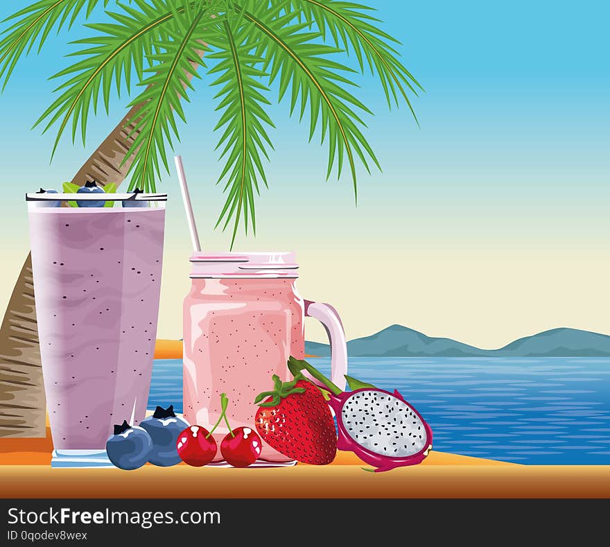 Summer drinks and cocktail on beach scenery, tropical fruits juice and vacations cartoons. vector illustration graphic design. Summer drinks and cocktail on beach scenery, tropical fruits juice and vacations cartoons. vector illustration graphic design