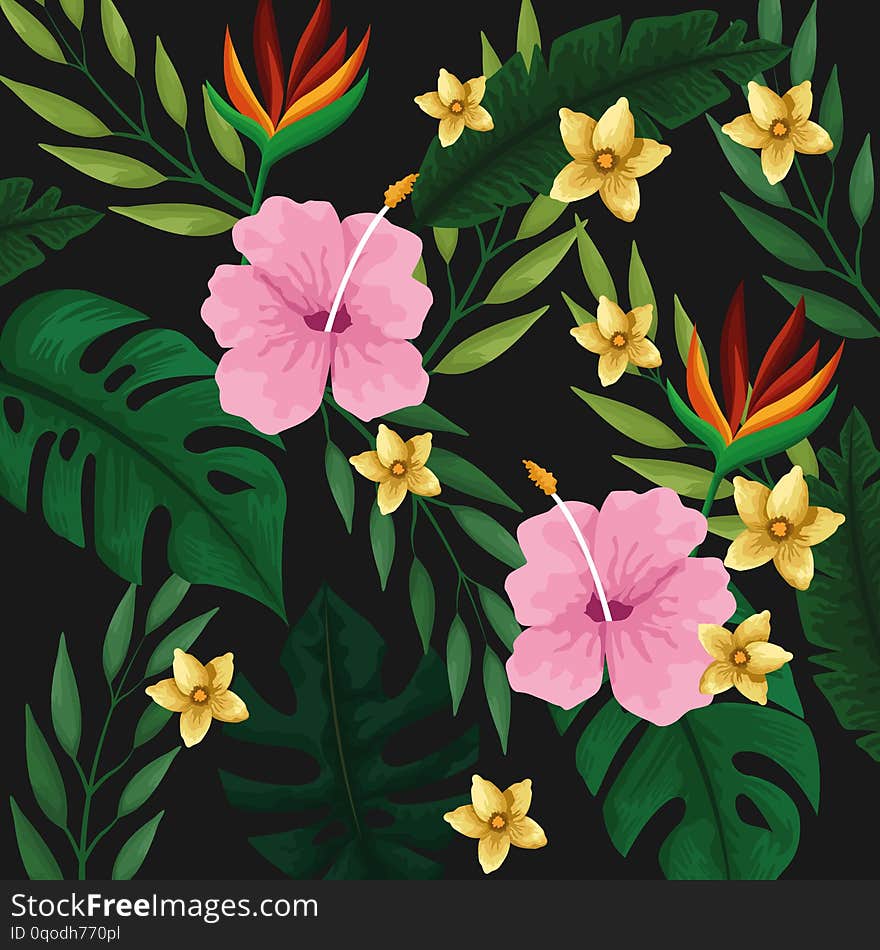 Tropical summer background pattern, leaves and flowers. vector illustration