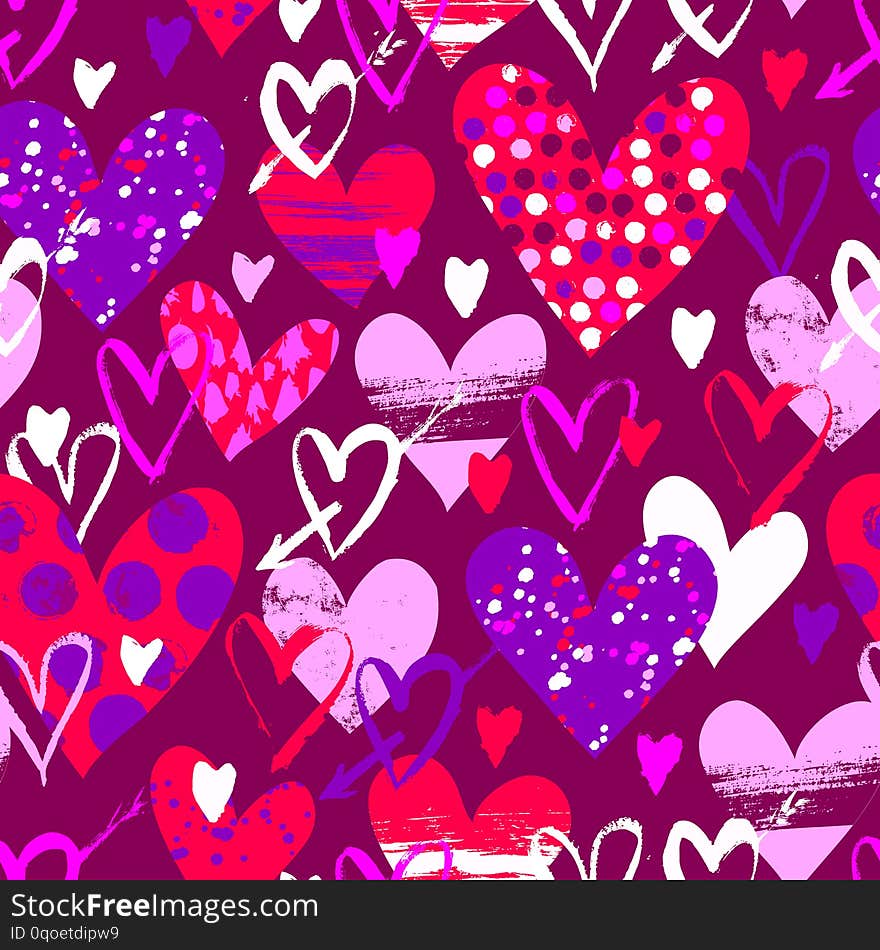 Vector seamless pattern with hand drawn hearts for Valentine day. Love background with doodle hearts, dots. Romantic hand drawn vector doodle Valentines day background. Colorful love texture with dots