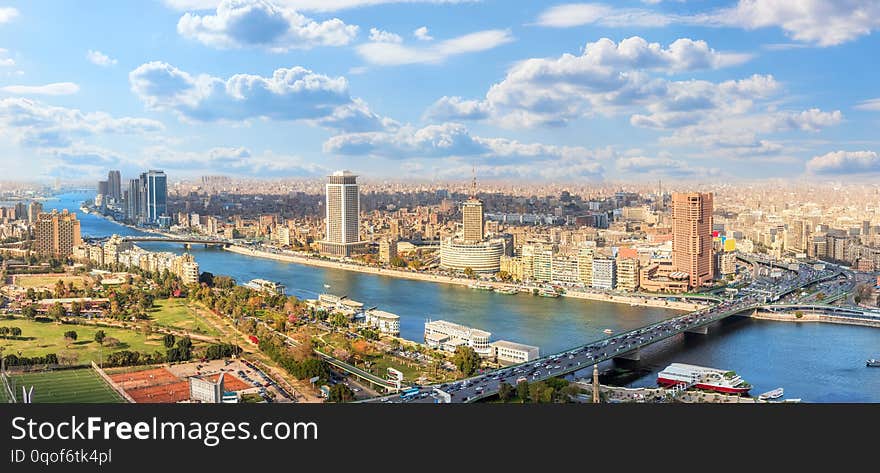 Cairo downtown panorama, view on the Nile and bridges