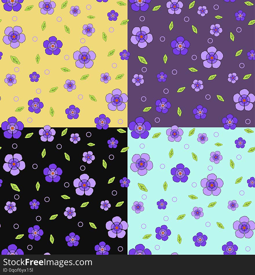 Vector set of seamless floral patterns of violet flowers, green leaves and lilac circles. light orange, violet, black, light blue background. Vector set of seamless floral patterns of violet flowers, green leaves and lilac circles. light orange, violet, black, light blue background.