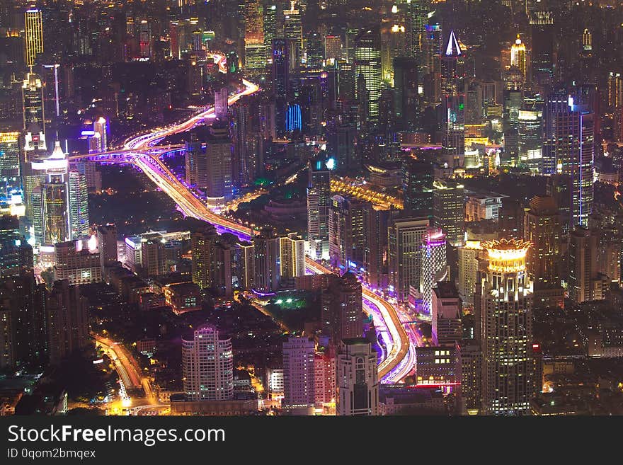 Aerial photography at Shanghai City landmark buildings of night