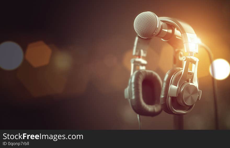 Microphone and headphones. Audio, music, multimedia background. 3d illustration. Microphone and headphones. Audio, music, multimedia background. 3d illustration