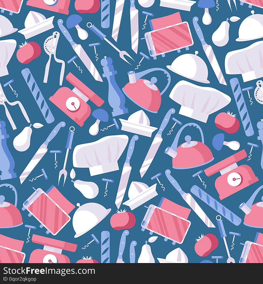 Seamless pattern in blue and pink colors dedicated to food, cooking art and chef profession. Flat objects, design good for kitchen supplies wrapping paper and decoration